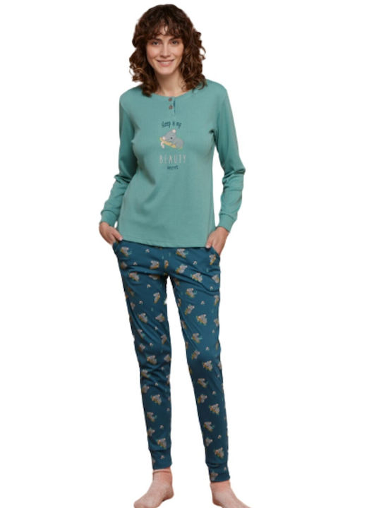Noidinotte Winter Cotton Women's Pyjama Pants Turquoise