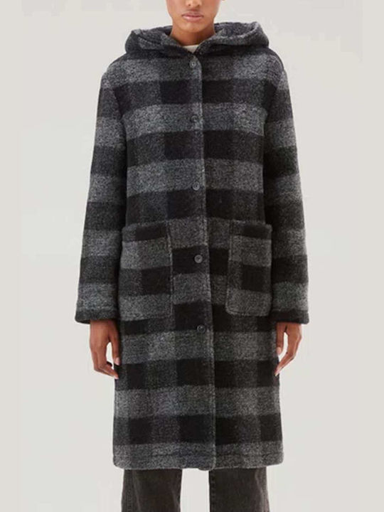 Woolrich Women's Long Coat with Buttons and Hood Black