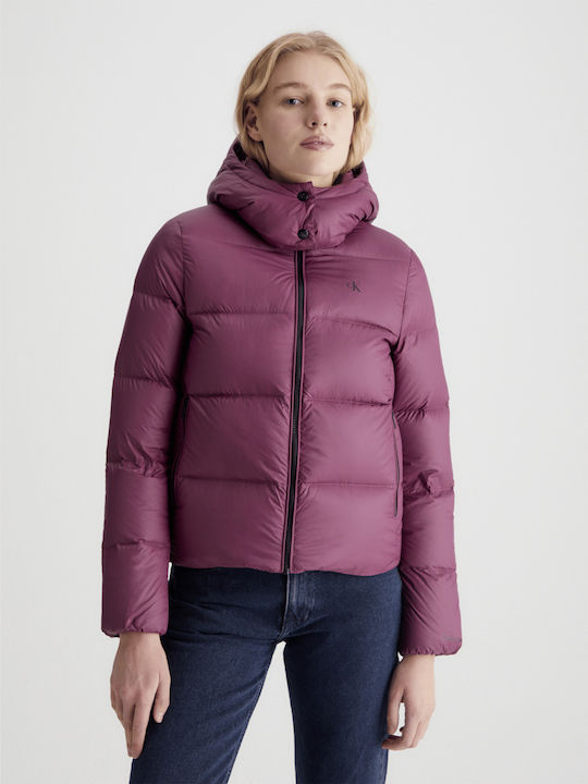 Calvin Klein Women's Short Puffer Jacket for Winter Burgundy