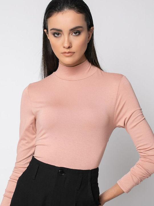 Noobass Damen Bluse Langärmelig Rollkragenpullover Rosa