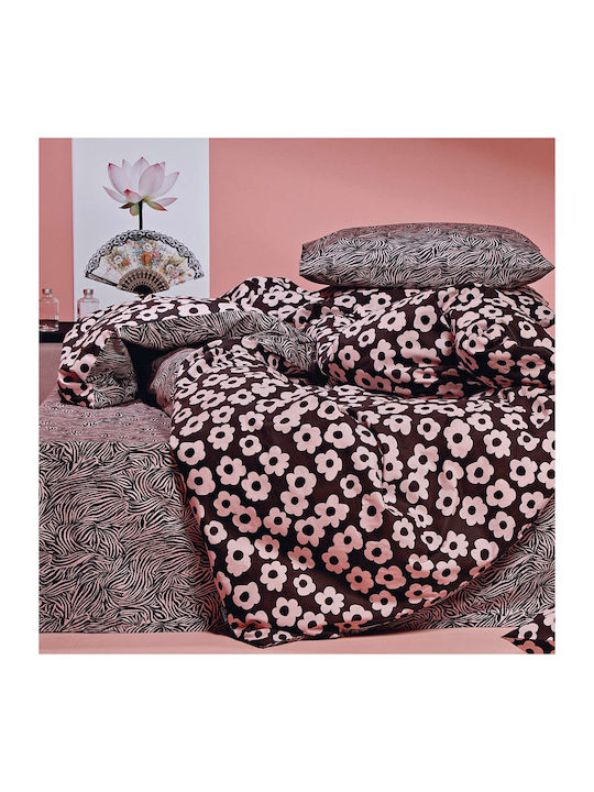 Kentia Destiny Super Double Cotton Duvet Cover Set with Pillowcases 220x240 Black-Pink