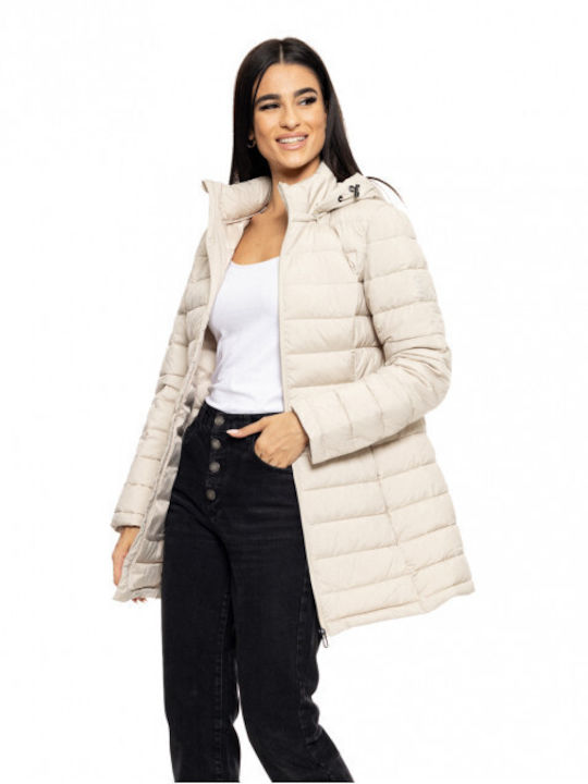 Splendid Women's Short Puffer Jacket for Winter with Hood Beige