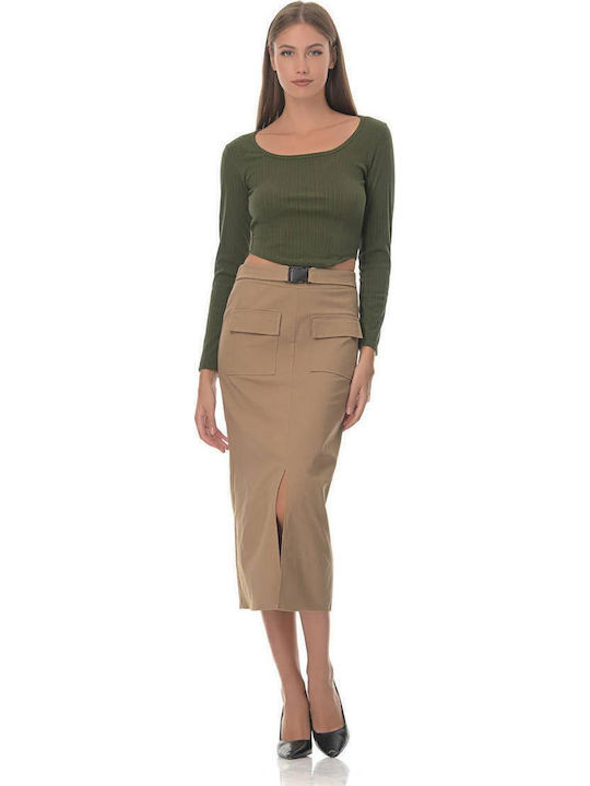 Pencil Midi Skirt Beige