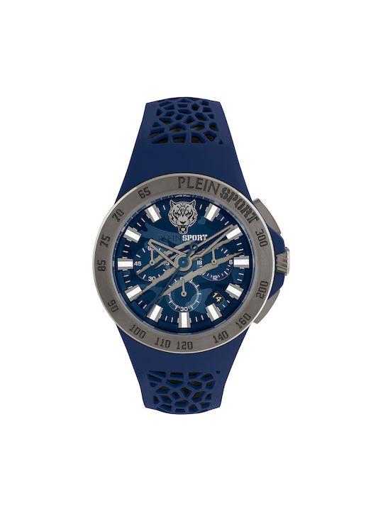 Plein Sport Uhr Chronograph Batterie mit Blau Kautschukarmband PSABA0223