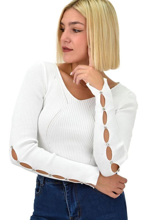 Potre Women's Long Sleeve Sweater with V Neckline White