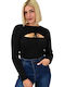 Potre Damen Crop Top Langarm Schwarz