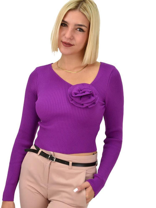 Potre Women's Long Sleeve Crop Sweater with V Neckline Floral Purple