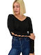 Potre Women's Long Sleeve Sweater with V Neckline Black