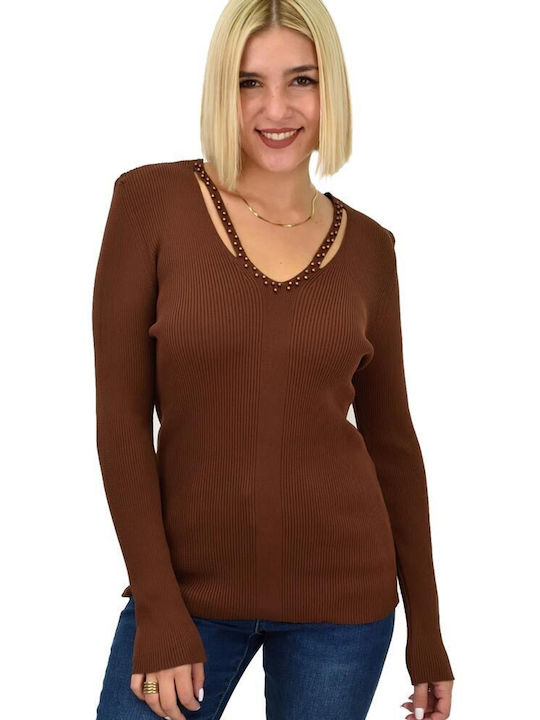 Potre Women's Crop Top Long Sleeve with V Neck Brown