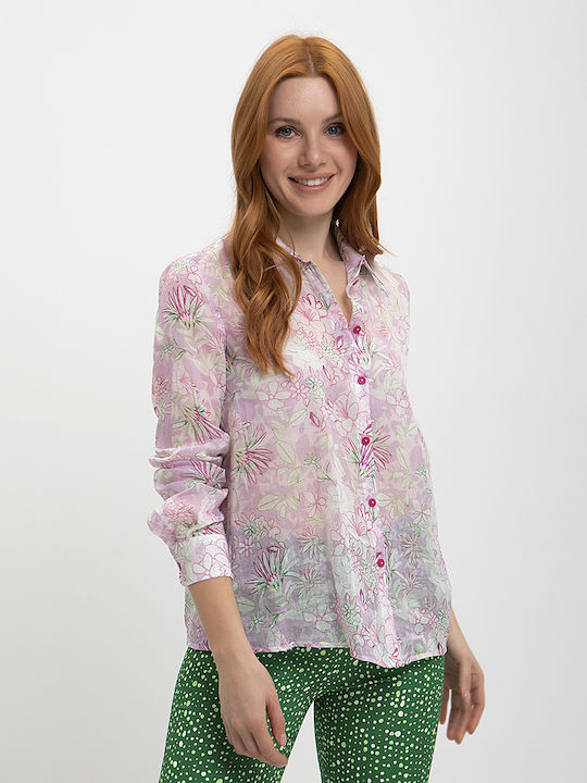 Ariela Montero Women's Linen Floral Long Sleeve Shirt Pink