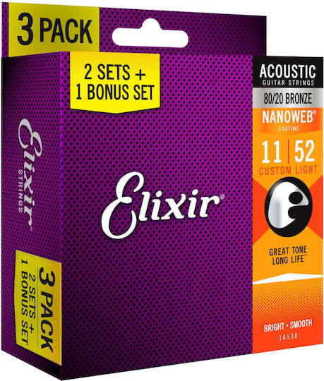 Elixir Nanoweb Набор Струни за Акустична Китара 80/20 Бронз 11 - 52"