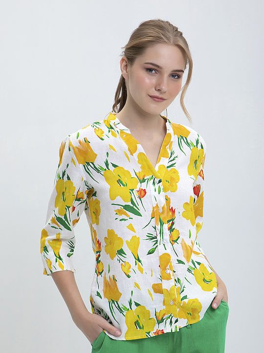 Clarina Women's Linen Floral Long Sleeve Shirt