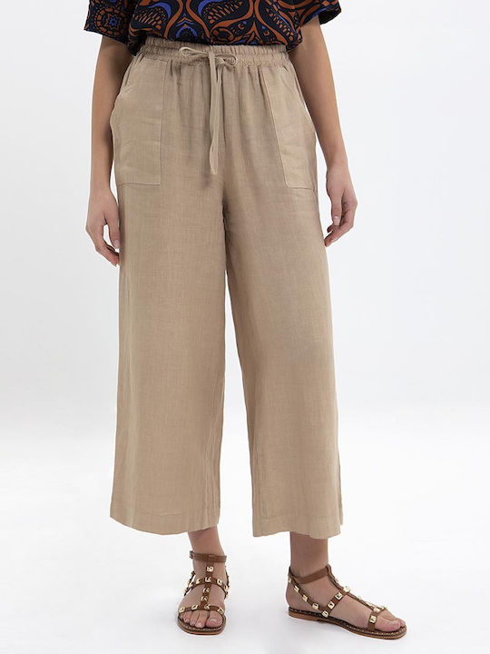 La Fee Maraboutee Women's Linen Capri Trousers with Elastic Beige