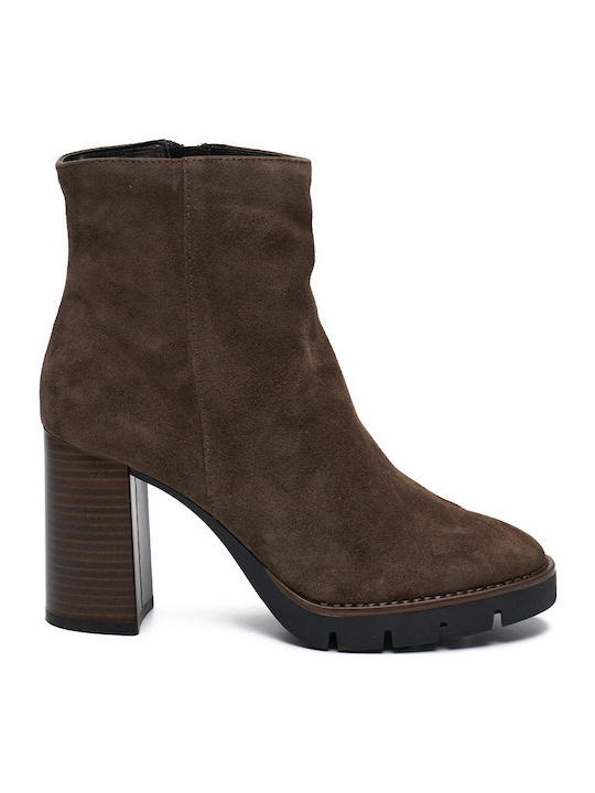 Suede Women's Ankle Boots with High Heel Brown