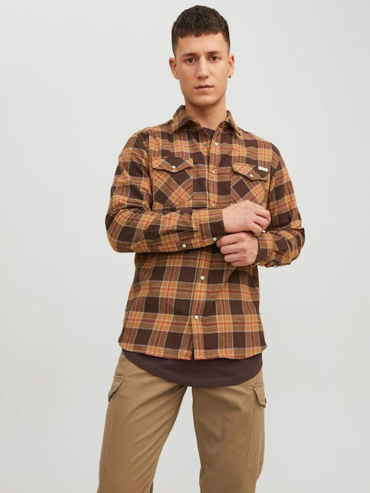 Jack & Jones Men's Shirt Long Sleeve Flannel Checked Brown