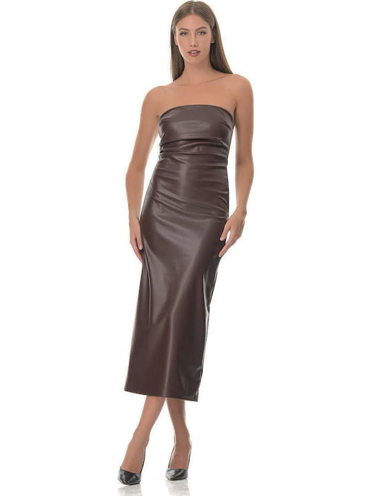 Midi Evening Strapless Leather Dress with Tearing Brown