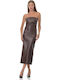 Midi Evening Strapless Leather Dress with Tearing Brown