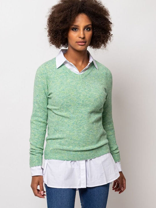 Heavy Tools Women's Long Sleeve Sweater with V Neckline Green