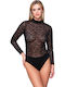 Long Sleeve Turtleneck Bodysuit with Lace Regular Fit Black