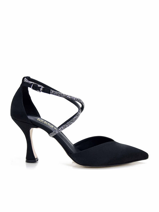 Ellen Pointed Toe Black/Strass Heels with Strap