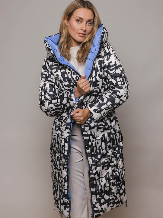 Rino&Pelle Women's Long Puffer Jacket for Winter with Hood Blue