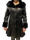 Leather Women's Black Coat with Fur Details
