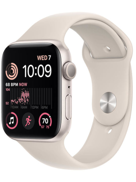 Apple Watch SE 2023 Aluminium 44mm Waterproof with Heart Rate Monitor (Starlight with Starlight Sport Band (M/L))
