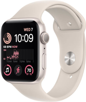 Apple Watch SE 2023 Aluminium 44mm Waterproof with Heart Rate Monitor (Starlight with Starlight Sport Band (M/L))