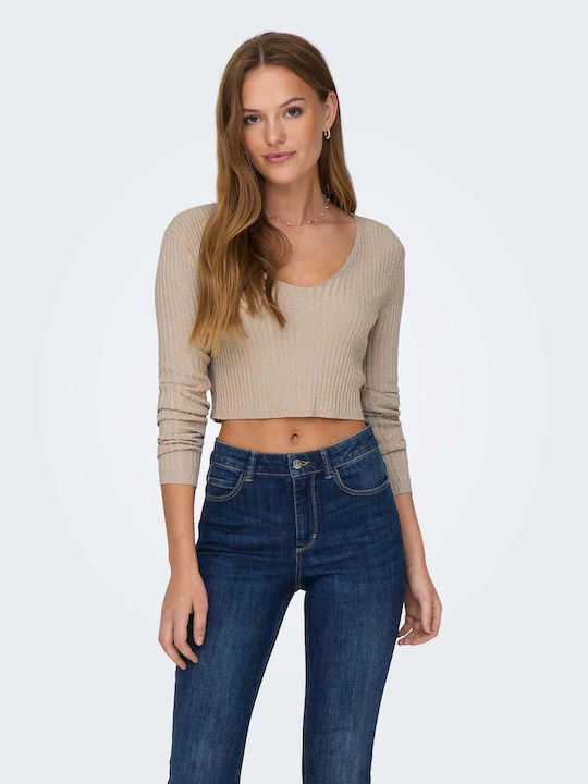 Only Women's Long Sleeve Crop Pullover Beige