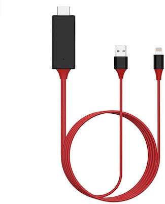 Cable HDMI male - Lightning male / USB-A male 2m Red