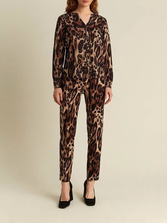 Women's High-waisted Fabric Trousers Slim Fit Leopard Black