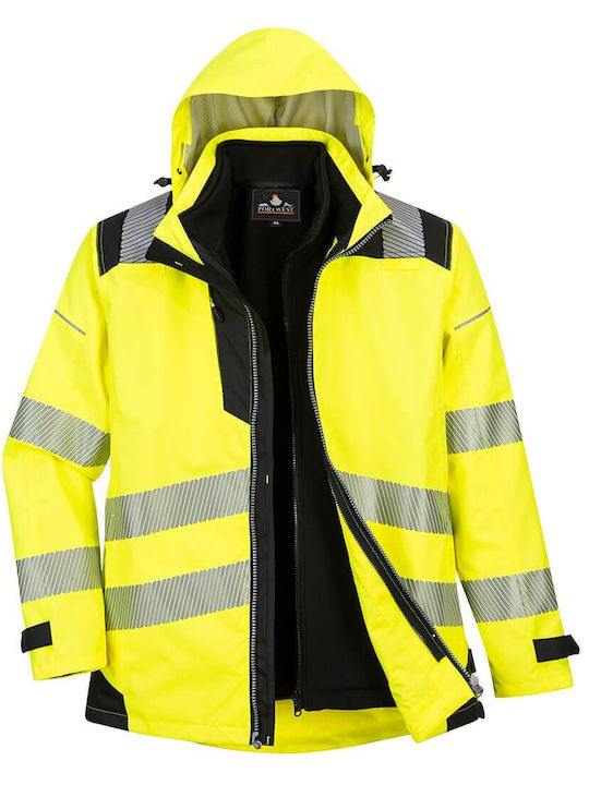 Portwest Pro Waterproof Reflective Work Jacket Hooded with Removable Lining Yellow