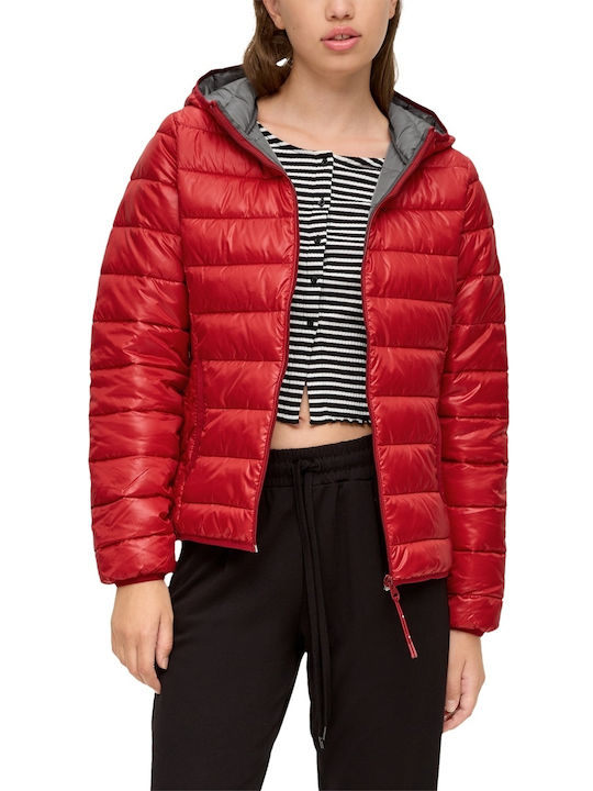 S.Oliver Women's Short Puffer Jacket for Winter with Hood Red