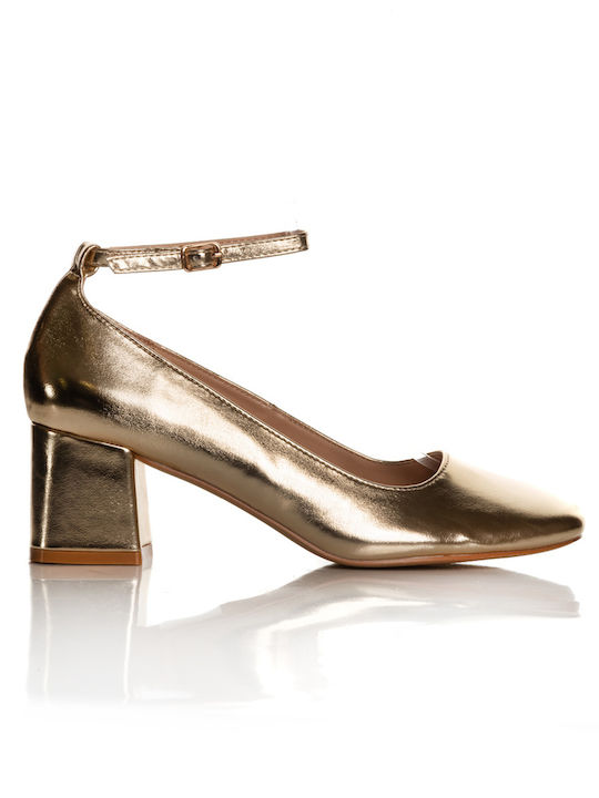 Shoe Art Patent Leather Gold Heels with Strap