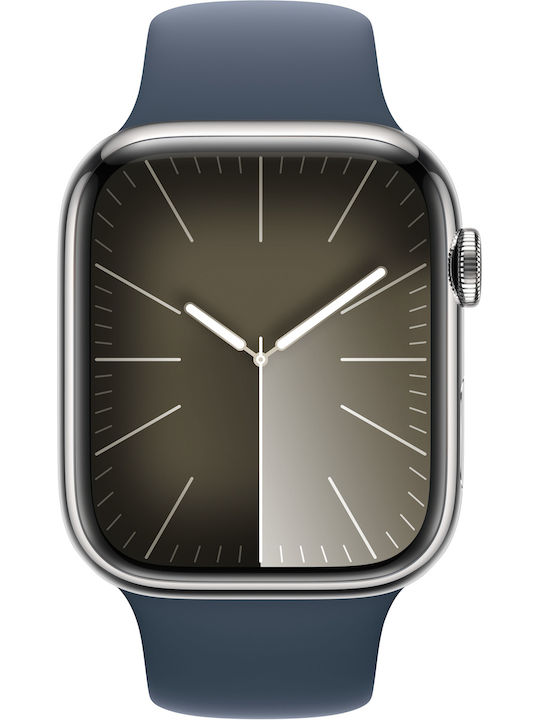 Apple Watch Series 9 Cellular Stainless Steel 45mm Αδιάβροχο με eSIM και Παλμογράφο (Silver with Storm Blue Sport Band (M/L))