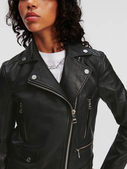 Karl Lagerfeld Women's Short Lifestyle Leather Jacket for Winter Black