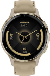 Garmin Venu 3S 41mm Oțel inoxidabil cu lunetă din aur moale, cu carcasă franceză gri și bandă din piele