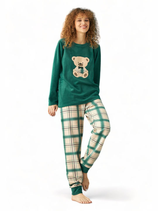 Siyah Inci Winter Fleece Women's Nightdress Green Bear