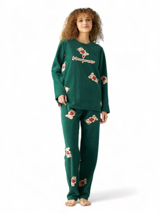 Siyah Inci Winter Women's Pyjama Set Fleece Green