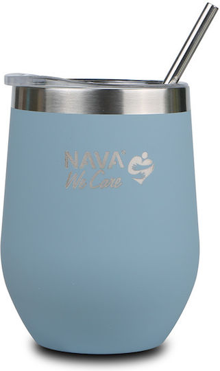 Nava Glass Thermos Stainless Steel 360ml Blue with Straw
