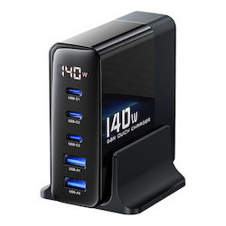 Toocki Suport de Încărcare GaN cu 2 Porturi USB-A și 3 Porturi USB-C 140W în culoarea Negru