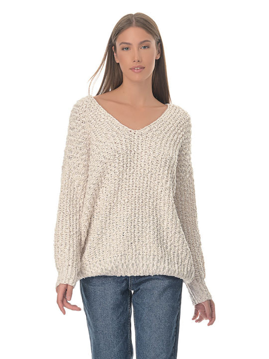 G Secret Damen Langarm Pullover mit V-Ausschnitt Beige