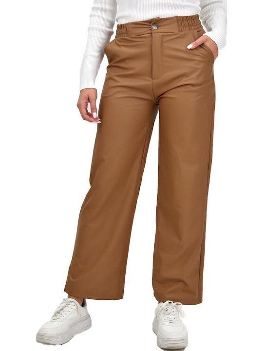 Women's Fabric Trousers with Elastic Straight Line Tabac Brownc Brown