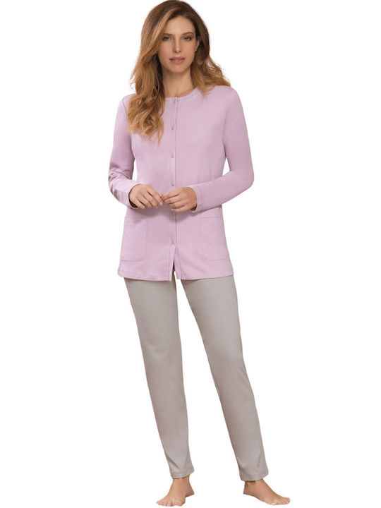 Linclalor Winter Damen Baumwolle Pyjama-Oberteil Rosa