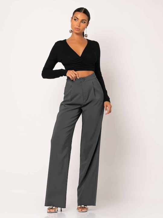 Noobass Women's High Waist Fabric Trousers Gray