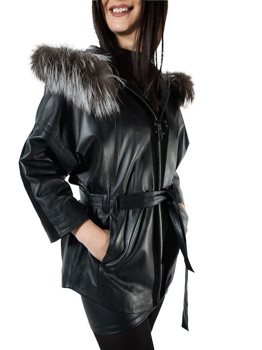 MARKOS LEATHER Women's Long Lifestyle Artificial Leather Jacket for Winter with Hood Black