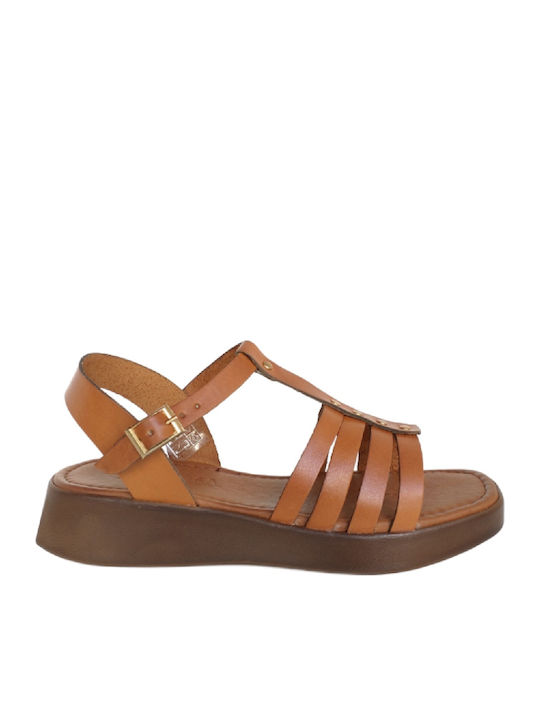56. Leather Women's Flat Sandals with Strap in Tabac Brown Color