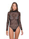 Milena by Paris Long Sleeve Turtleneck String Bodysuit with Mesh & Lace Black