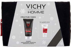 Vichy Homme Structure Force Комплект за грижа за кожата за Анти-стареене & Хидратация с Крем за лице , Тоалетна чанта & Шампоан