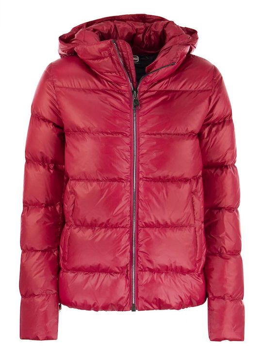 Women's Short Puffer Jacket for Winter with Hood Red